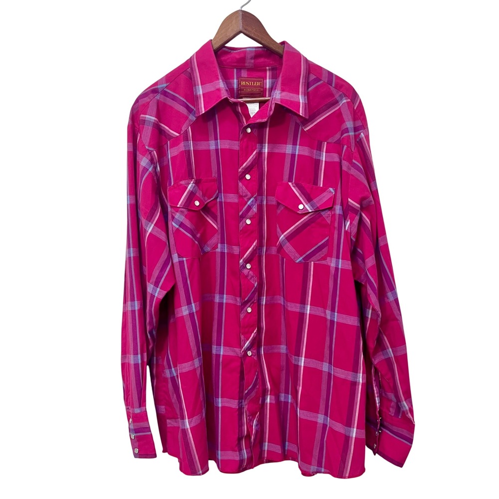 Rustler by Wrangler Mens XXL Western‎ Pearl Snap Shirt Pink Plaid X-Long Tails